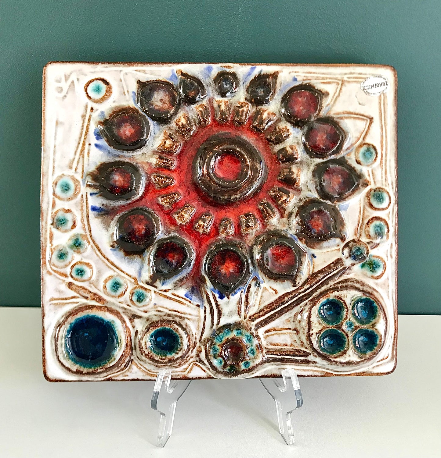 Soholm Pottery Danish Ceramic Wall Relief Turquoise Retro Vintage 1960s 1970s