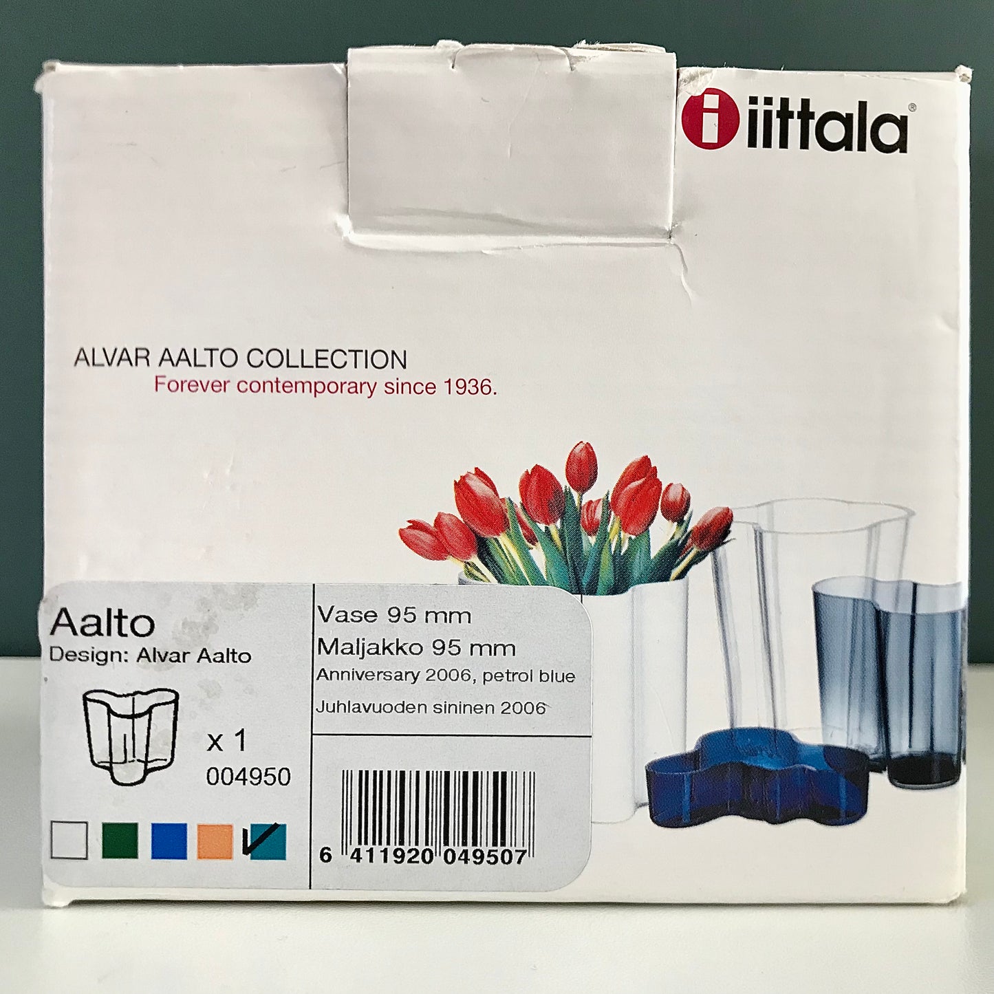 Boxed Iittala Alvar Aalto Savoy Petrol Blue Glass Vase Scandinavian Iconic Design