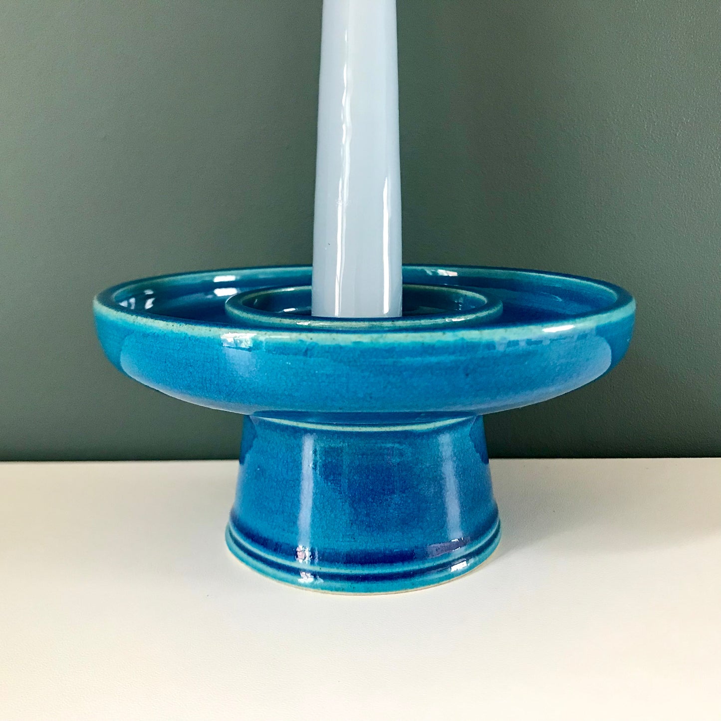Kahler Danish Pottery Turquoise Blue Ceramic Candle Holder 1960s 1970s