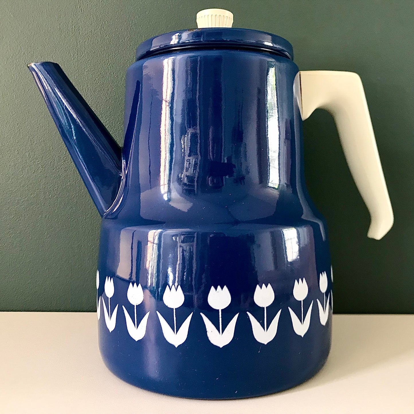 Vintage Blue Enamel Tulip Coffee Pot 1960s 1970s Scandinavian Scandi Style Design