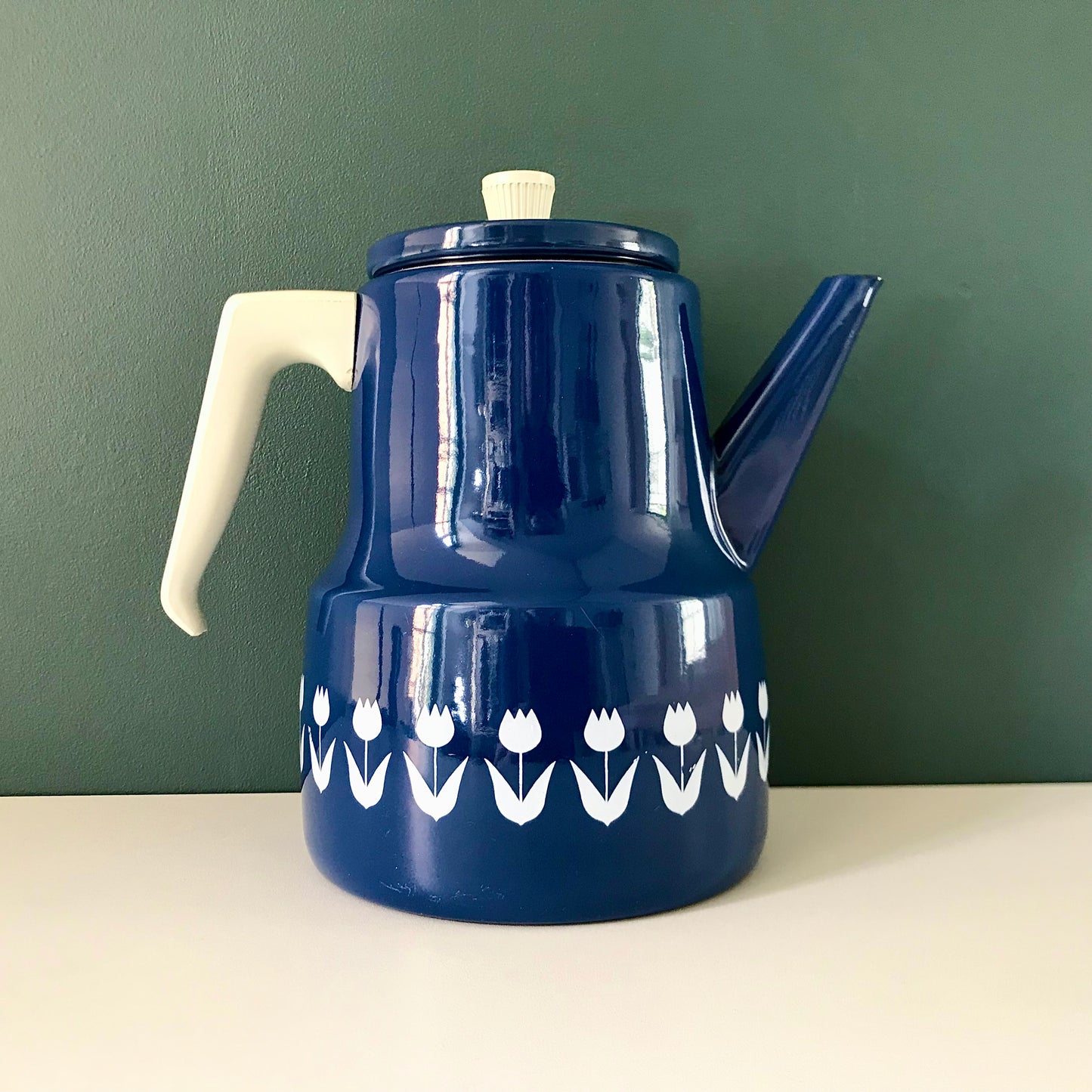 Vintage Blue Enamel Tulip Coffee Pot 1960s 1970s Scandinavian Scandi Style Design