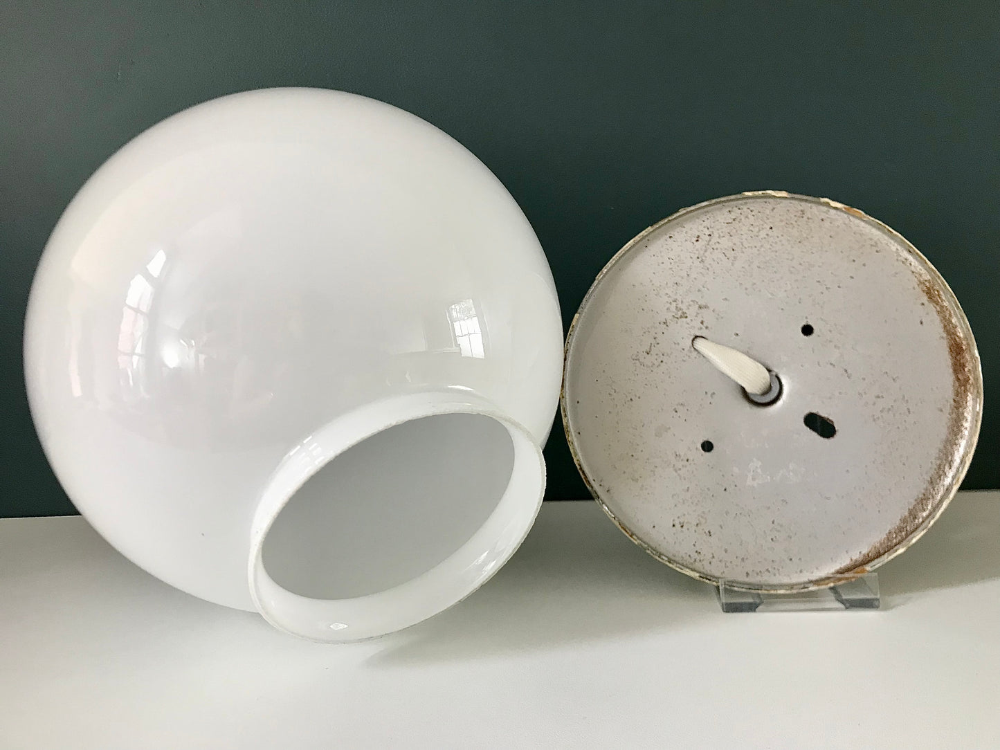 Vintage British Opal White Glass Ball Flush Ceiling Lamp Light 1950s 1960s - UK ONLY