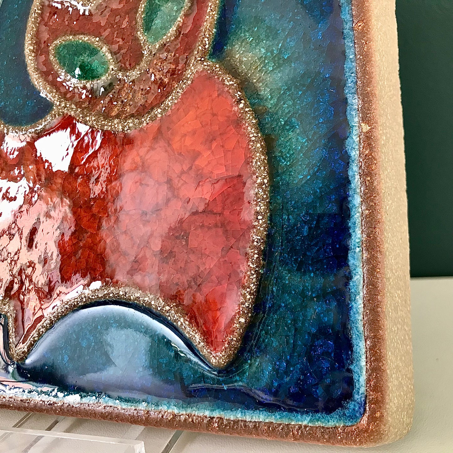 Soholm Pottery Danish Turquoise Red Ceramic Cat Wall Relief Retro Vintage