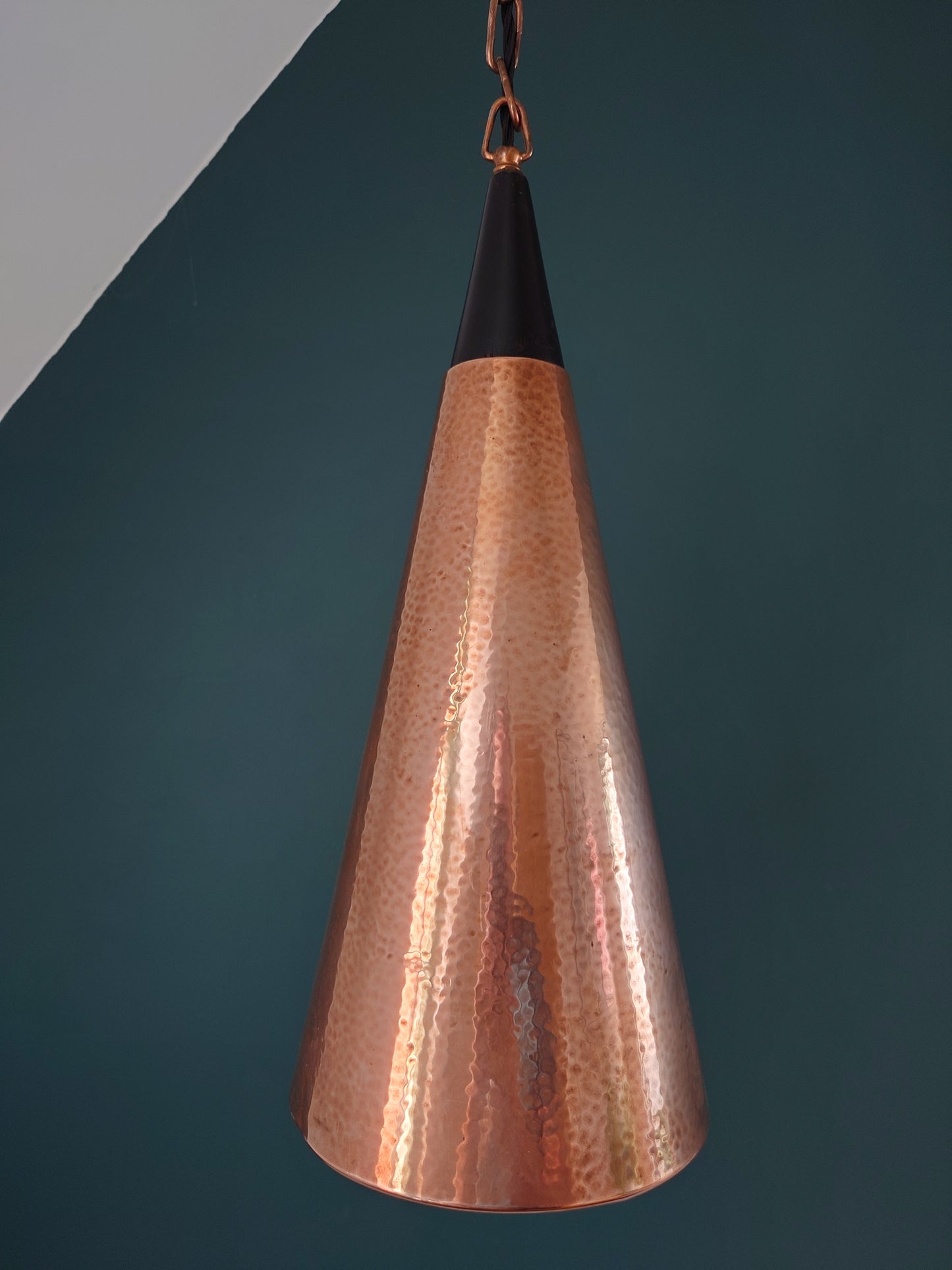 Mid Century Danish Solid Hammered Copper Cone Pendant Lamp Ceiling Light Scandinavian Industrial