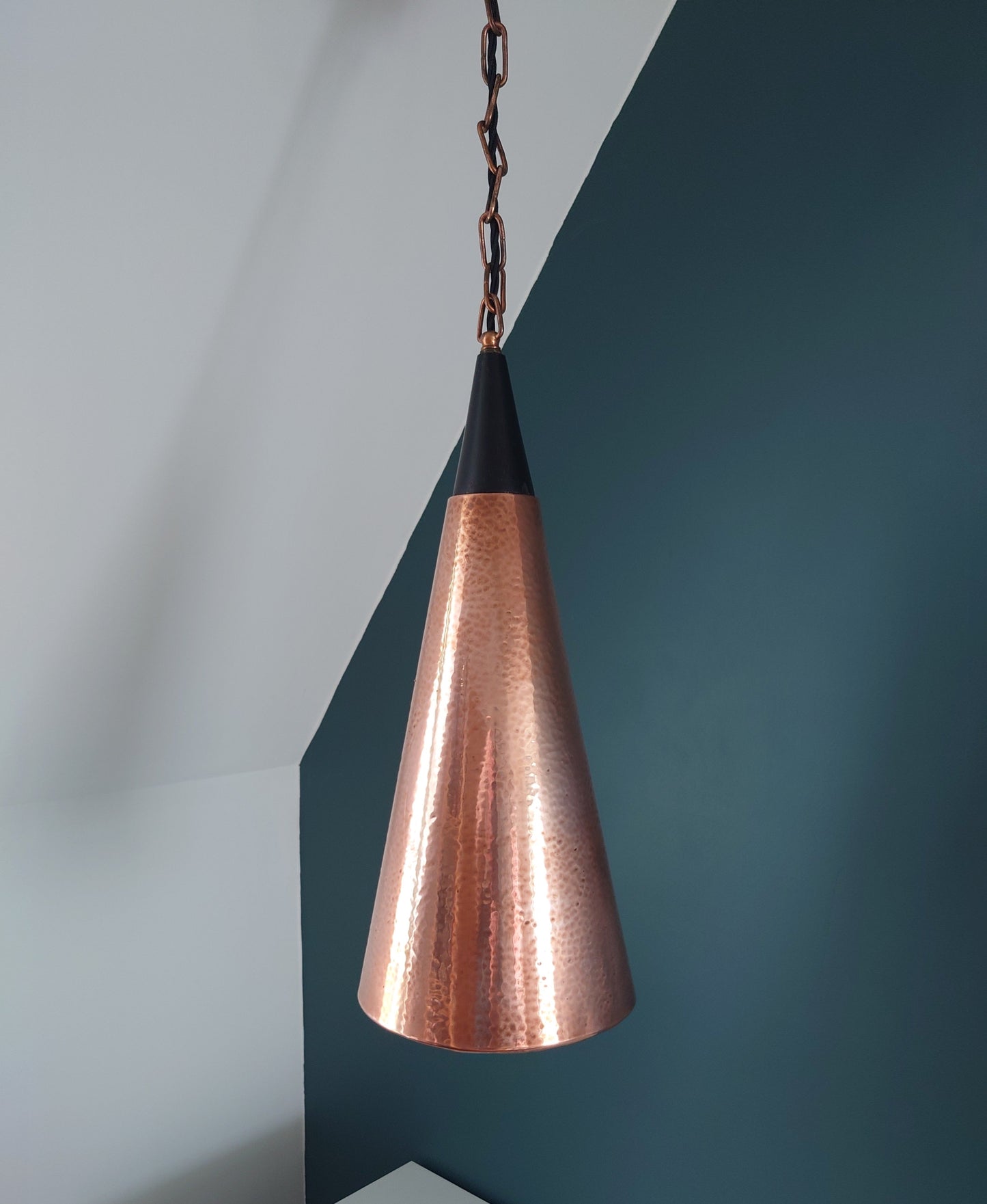 Mid Century Danish Solid Hammered Copper Cone Pendant Lamp Ceiling Light Scandinavian Industrial