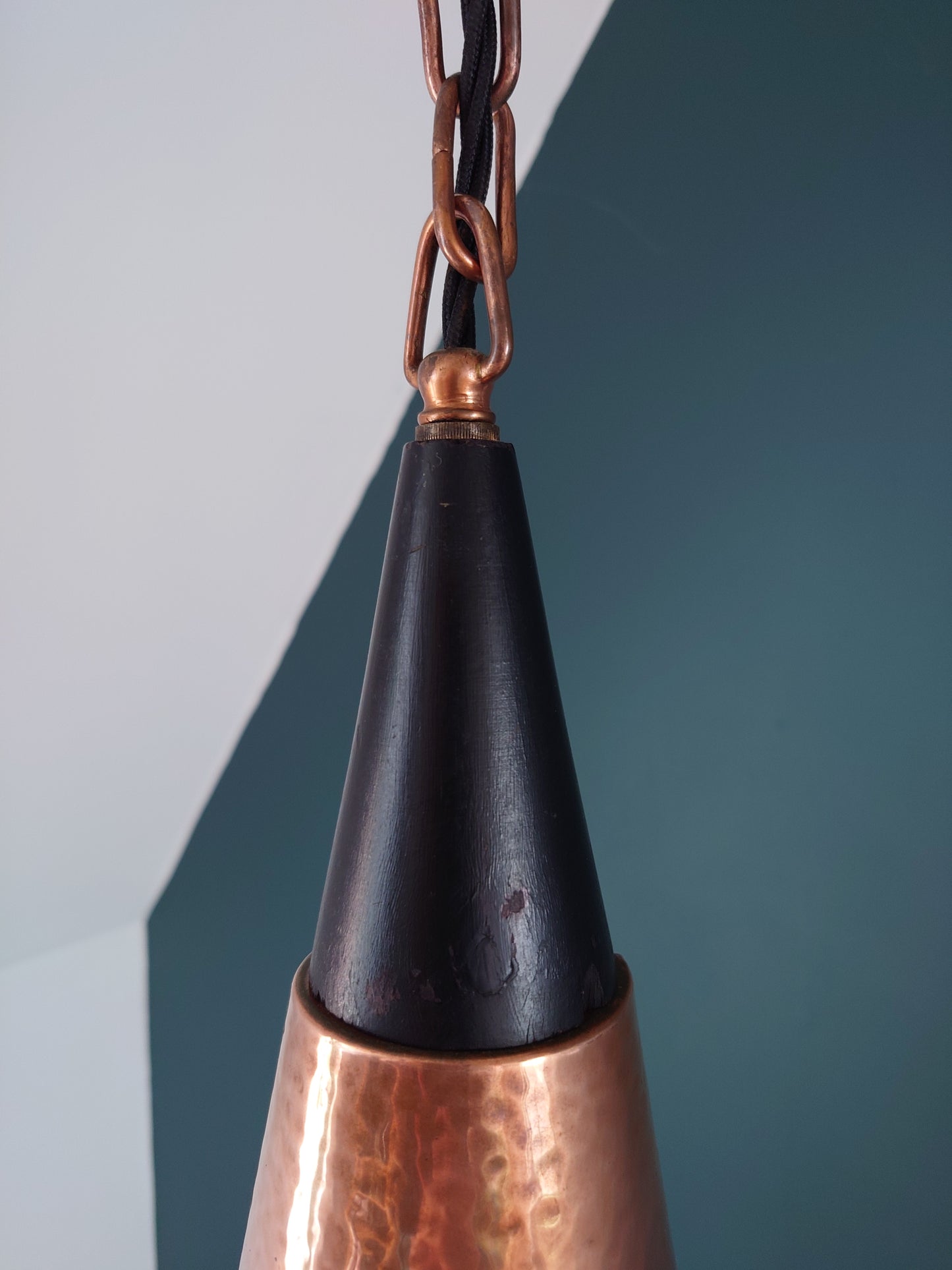 Mid Century Danish Solid Hammered Copper Cone Pendant Lamp Ceiling Light Scandinavian Industrial
