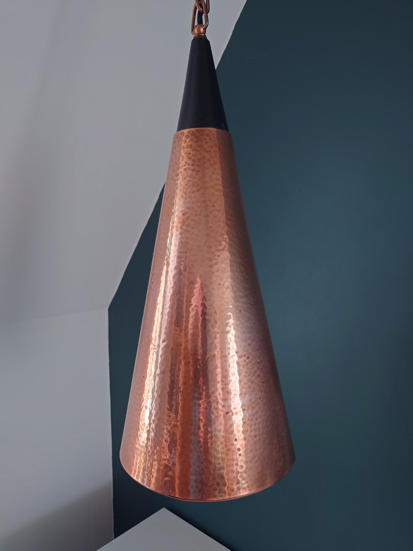 Mid Century Danish Solid Hammered Copper Cone Pendant Lamp Ceiling Light Scandinavian Industrial