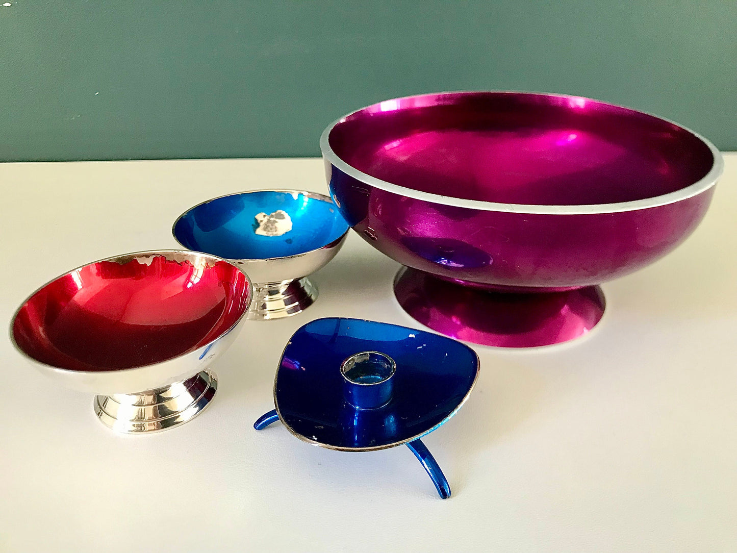 Vintage Scandinavian Silver Enamel Candle Holders 1950s 1960s Danish Norwegian