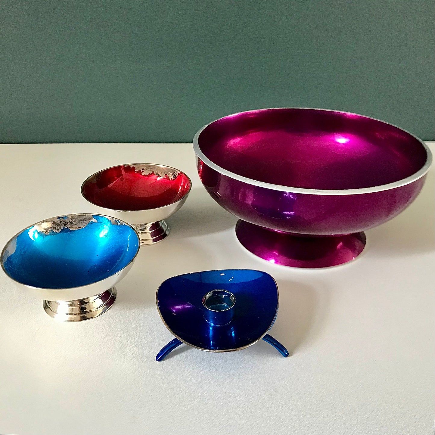 Vintage Scandinavian Silver Enamel Candle Holders 1950s 1960s Danish Norwegian