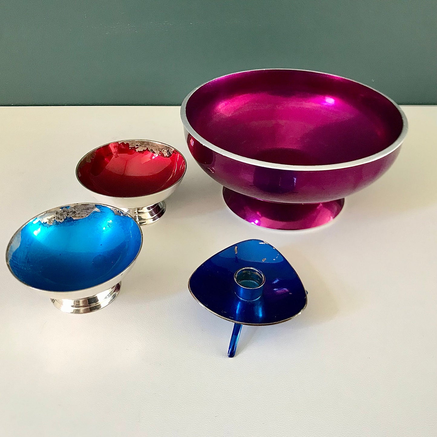 Vintage Scandinavian Silver Enamel Candle Holders 1950s 1960s Danish Norwegian