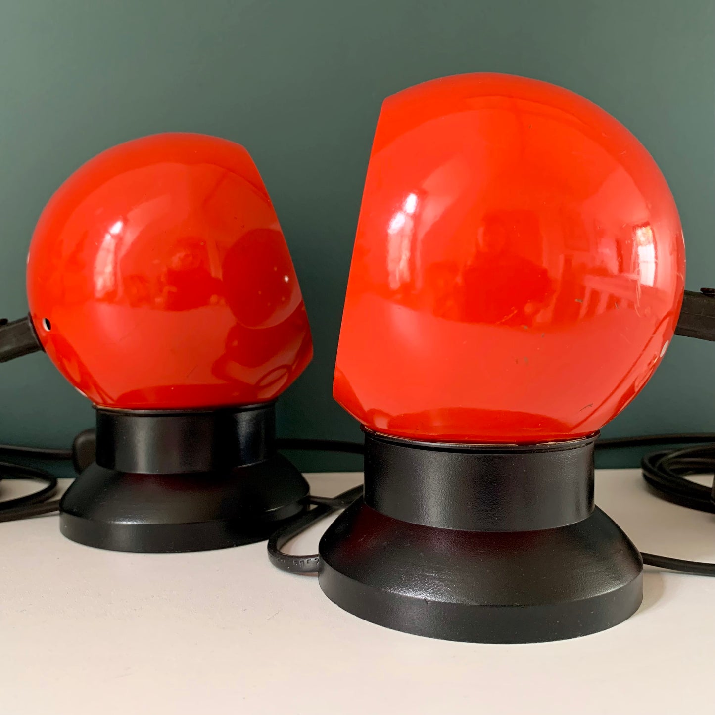 PAIR Danish Frandsen Ball Table Lamps 2X Red Enamel 1970s Vintage Retro Light Atomic Era