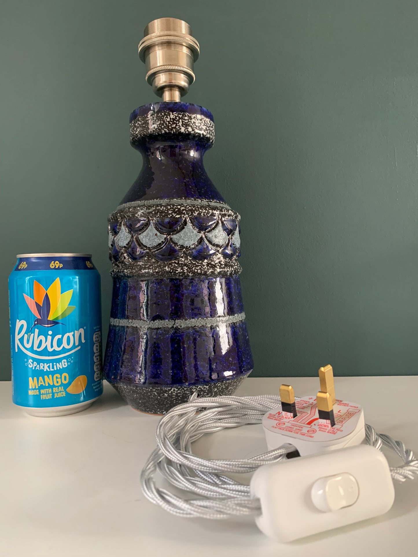 Mid Century Italian Cobalt Blue Silver Pottery Table Lamp Bitossi Ceramic 1960s 1970s