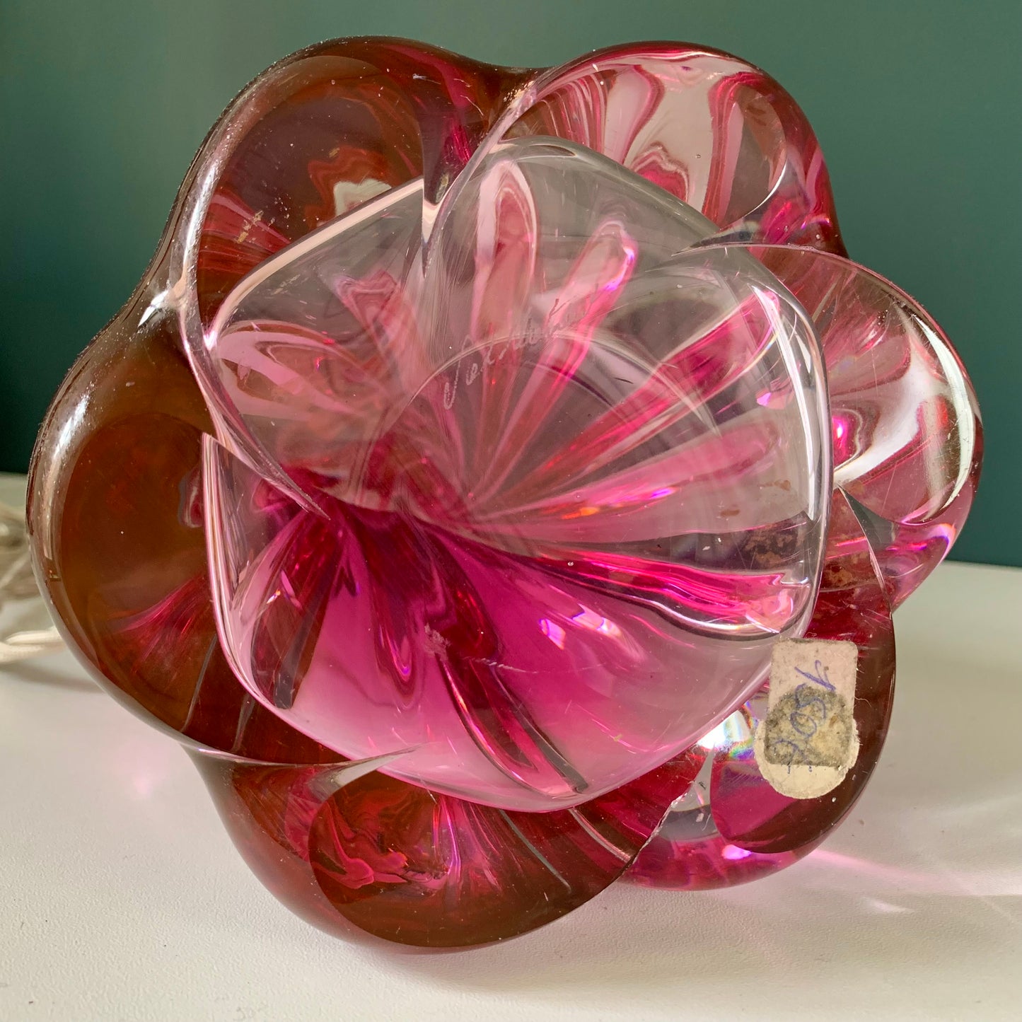 Large Val St Lambert Pink Crystal Glass Table Lamp 1930s 1940s