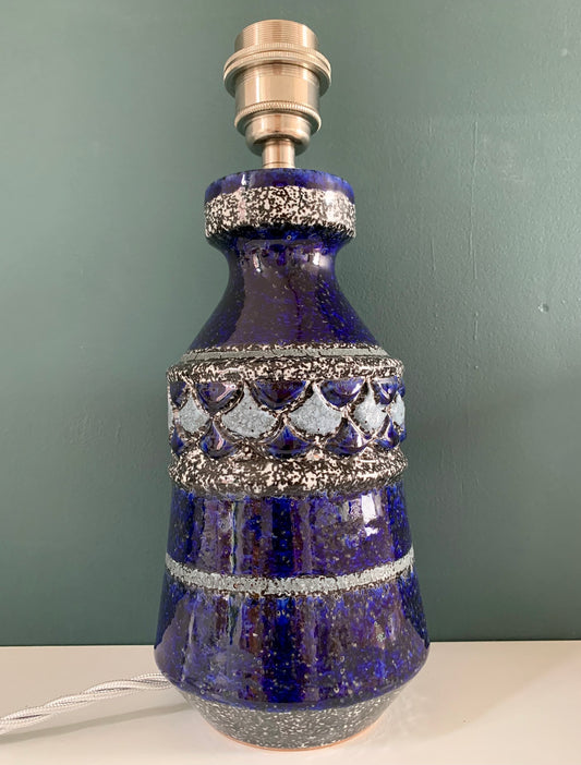 Mid Century Italian Cobalt Blue Silver Pottery Table Lamp Bitossi Ceramic 1960s 1970s