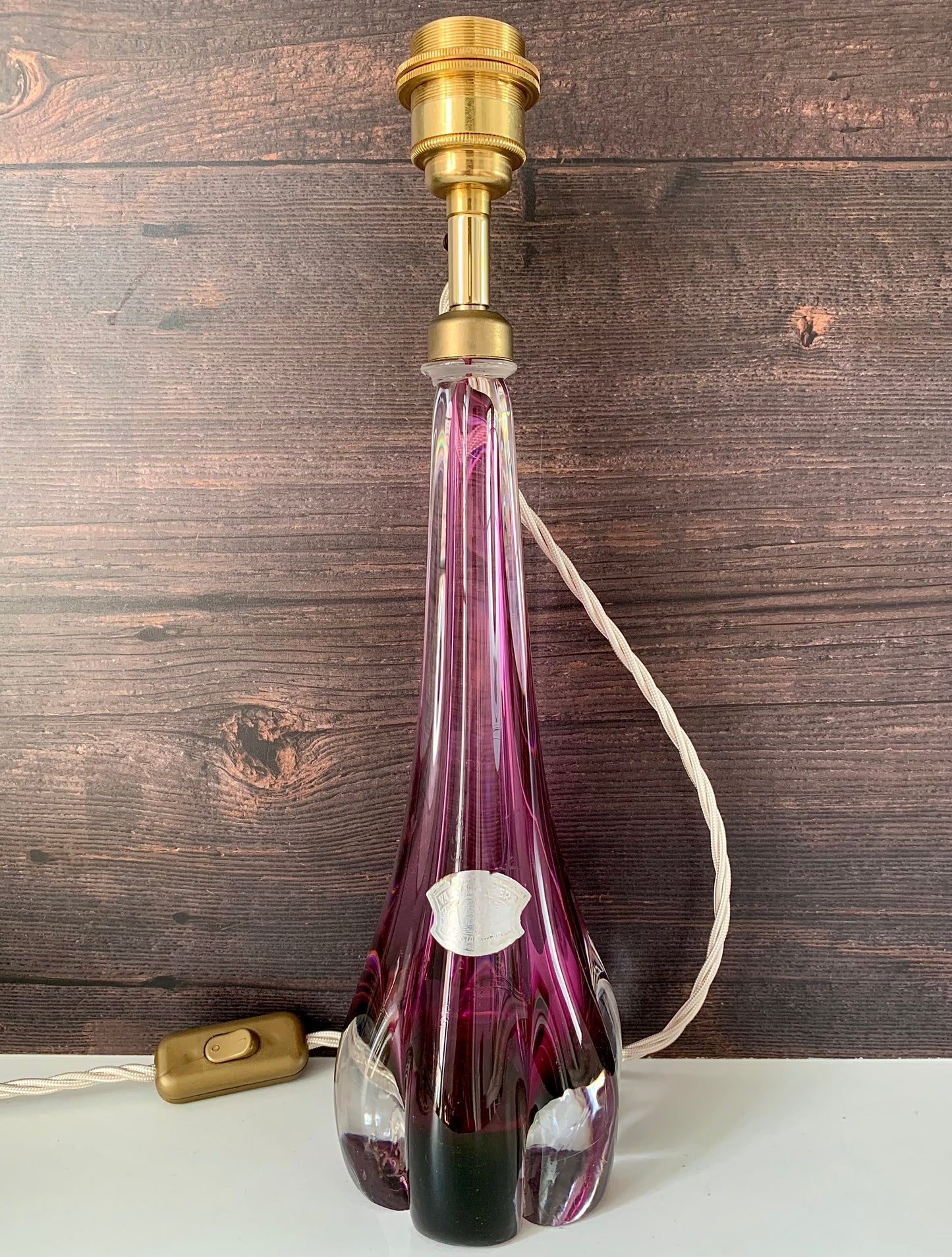 Large Val St Lambert Purple Crystal Glass Table Lamp 1960s 1970s