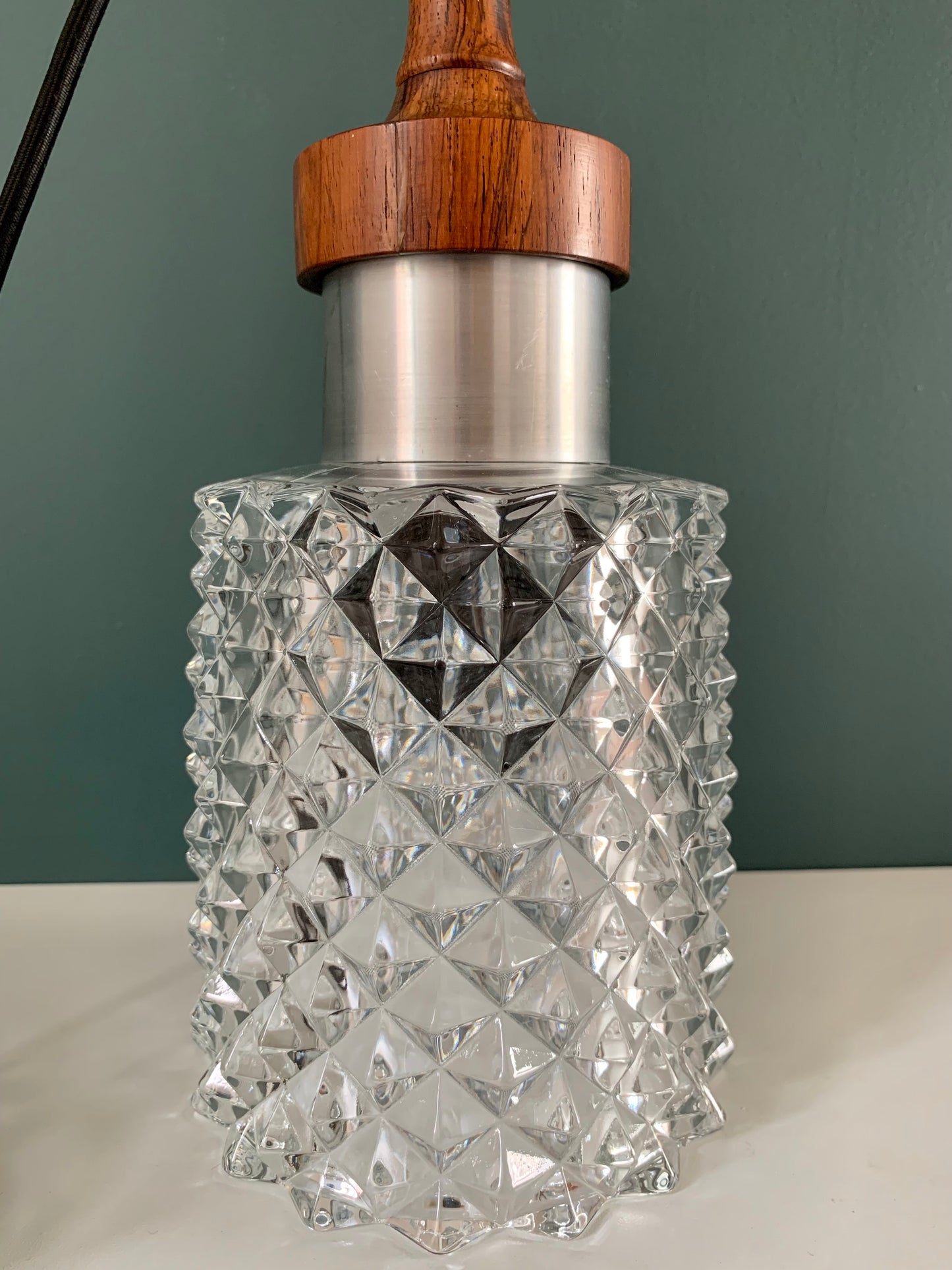 Mid Century Danish Swedish Teak Glass Teak Pendant Ceiling Lamp Scandinavian Light
