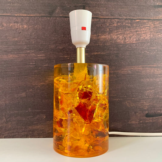 Shattaline British Yellow Orange Table Lamp Cracked Resin Crushed Ice Vintage Retro Atomic Era Shatterline
