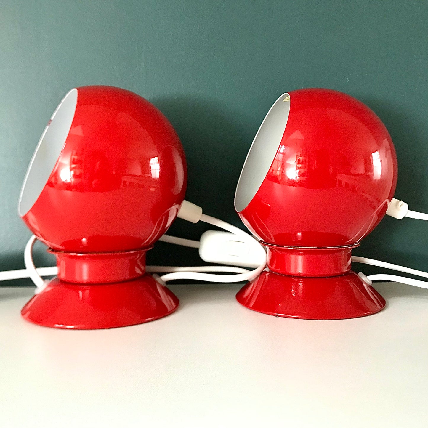 PAIR Danish Frandsen Ball Table Lamps 2X Red Enamel 1970s Vintage Retro Light Atomic Era