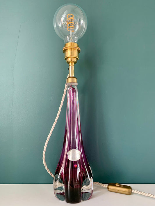 Large Val St Lambert Purple Crystal Glass Table Lamp 1960s 1970s