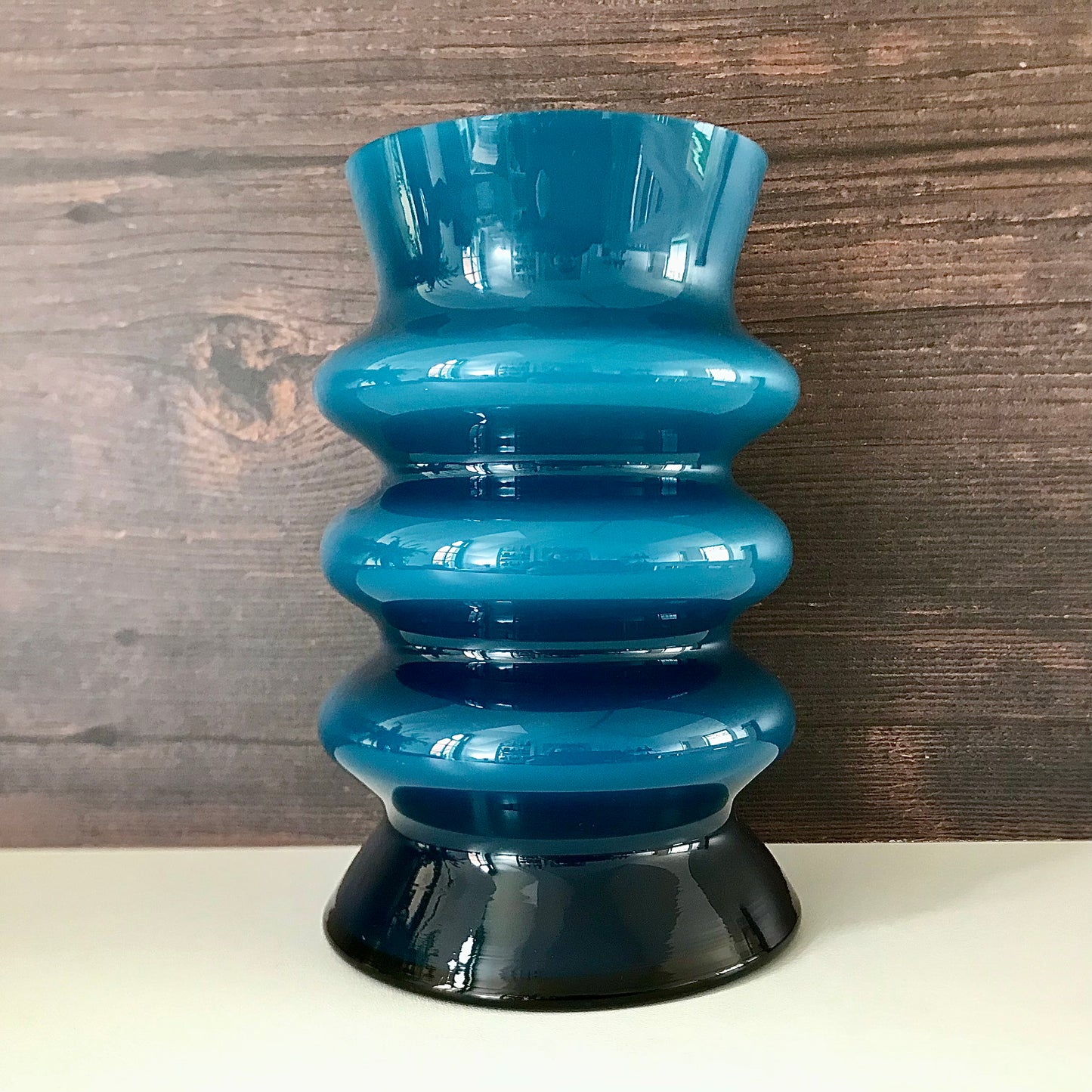 Aseda Swedish Blue Hooped Glass Vase Petrol Turquoise 1960s 1970s Retro