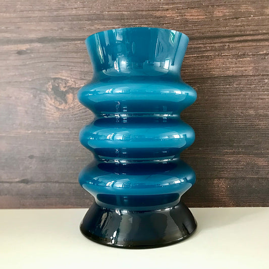 Aseda Swedish Blue Hooped Glass Vase Petrol Turquoise 1960s 1970s Retro