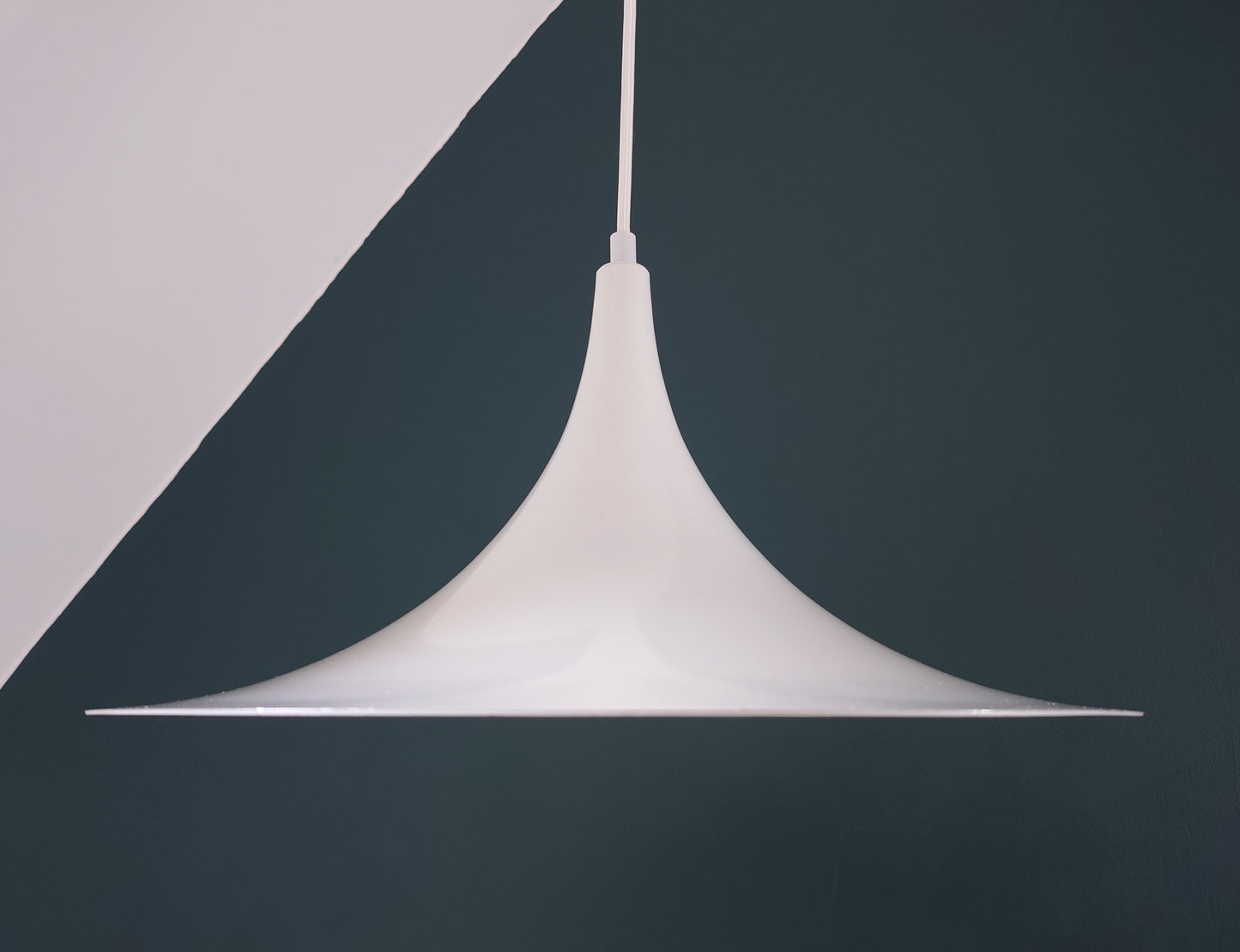 Vintage Danish White Semi Trumpet Pendant Lamp 1970s Retro Ceiling Light
