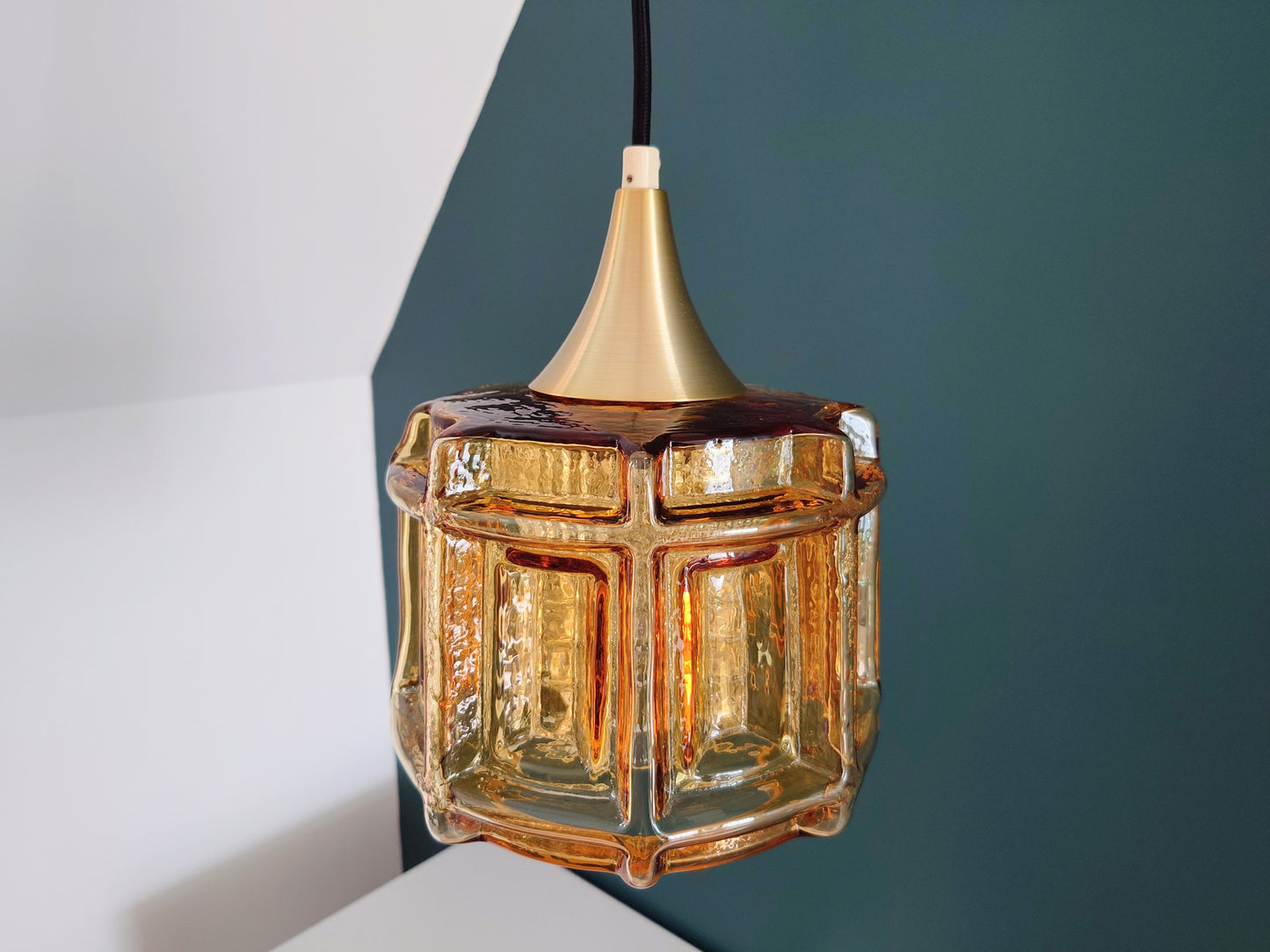 Danish Swedish Amber Glass Pendant Ceiling Lamp 1960s Retro Scandinavian Light