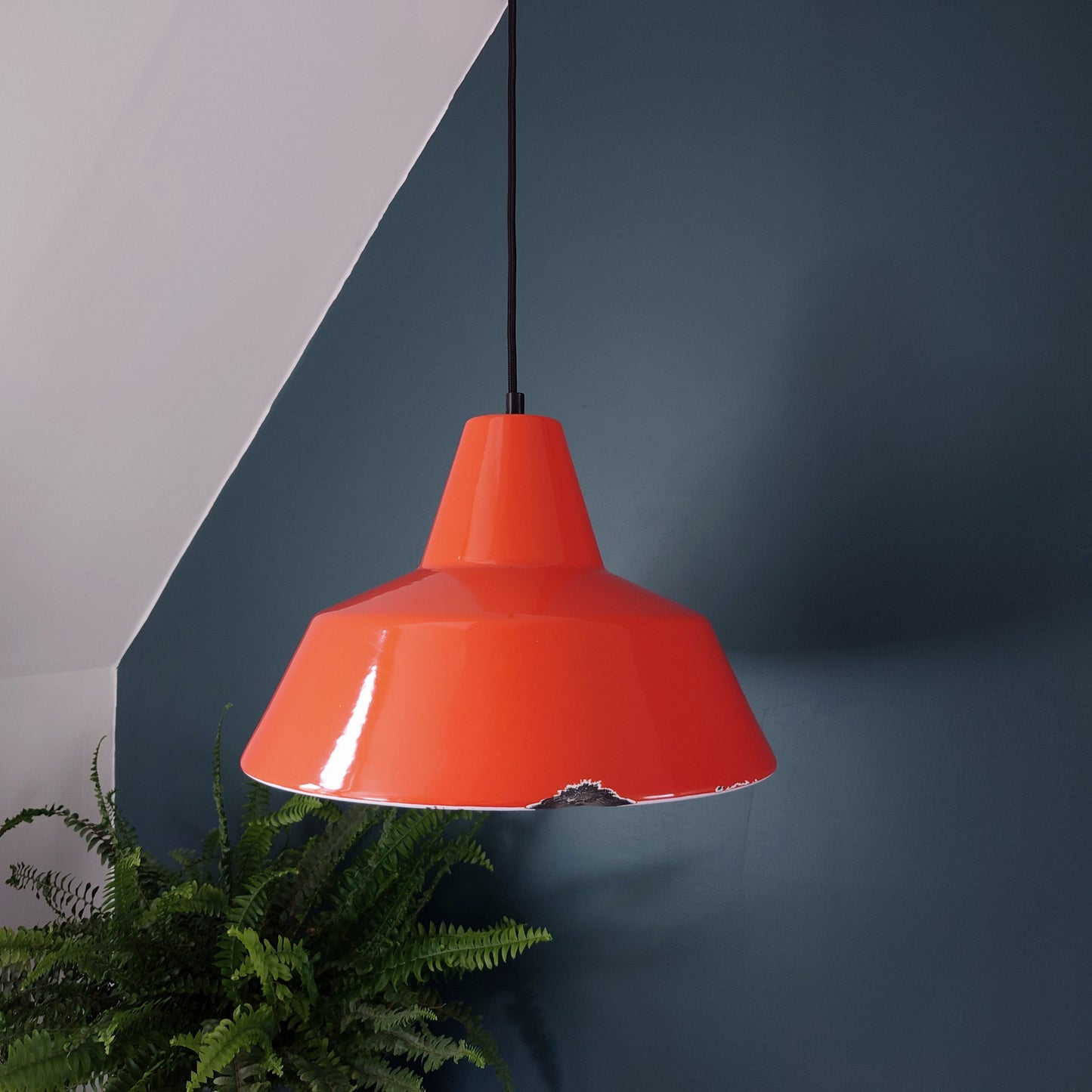 Louis Poulsen Danish Orange Enamel Pendant Workshop Ceiling Lamp Industrial Design 2