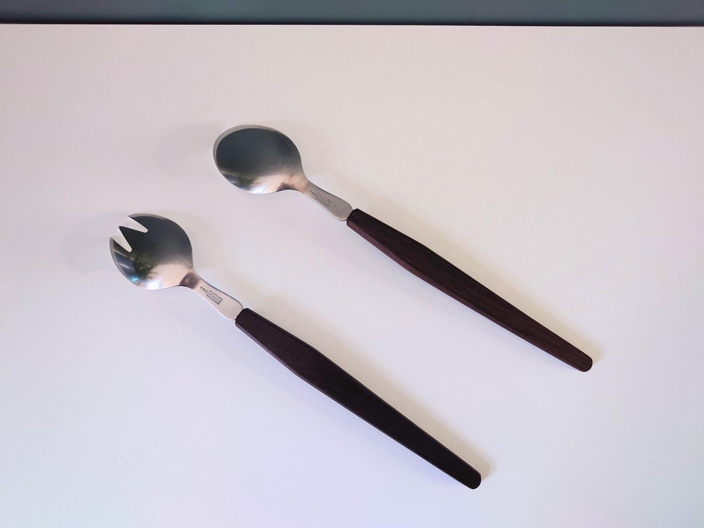 Danish Teak Wood Steel Salad Servers 1960s Design Lundtofte Scandinavian Vintage Gifts Present