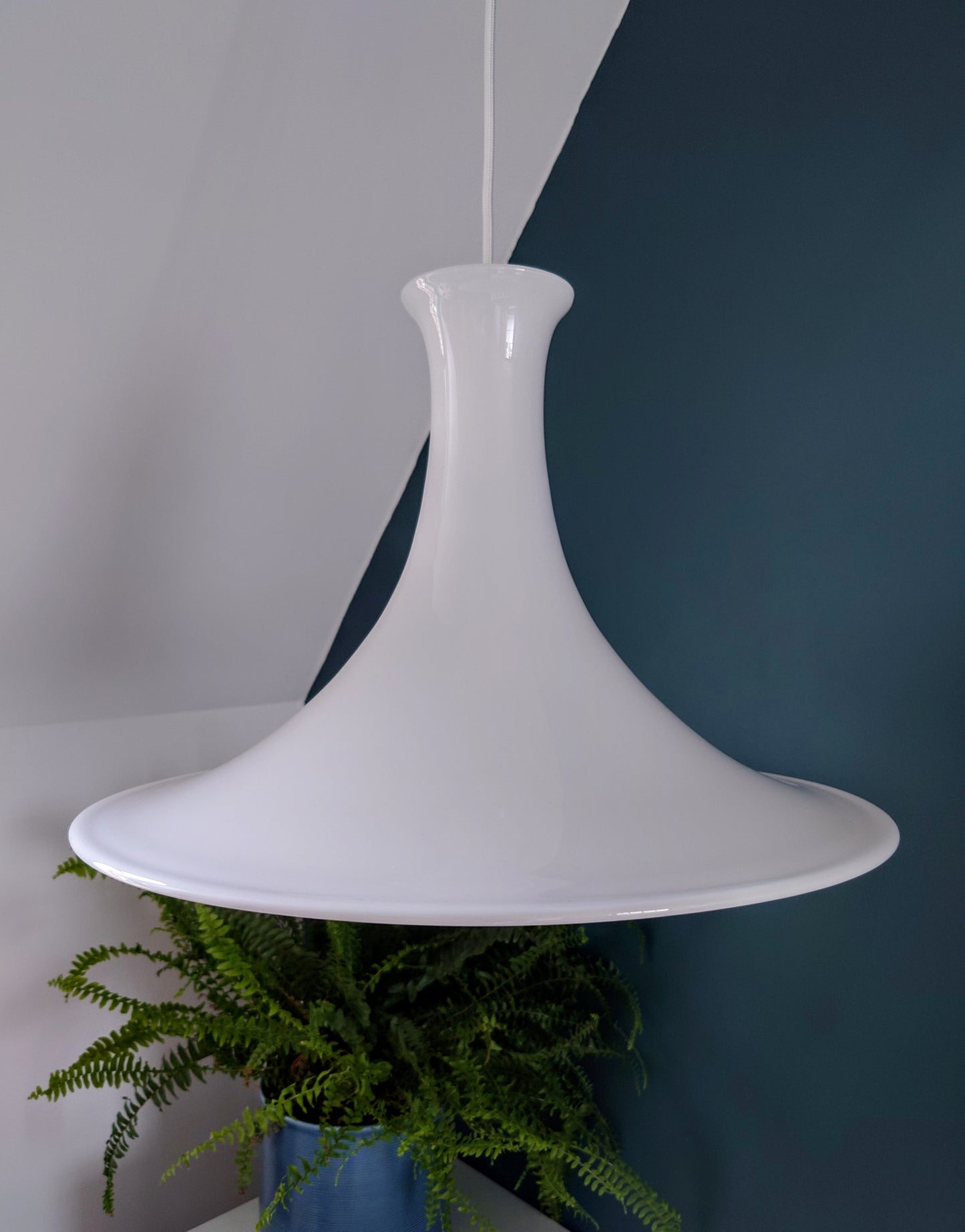 HUGE Holmegaard Danish White Glass Pendant Lamp Ceiling Light Mandarin 1980s Retro Scandinavian Scandi Design Style