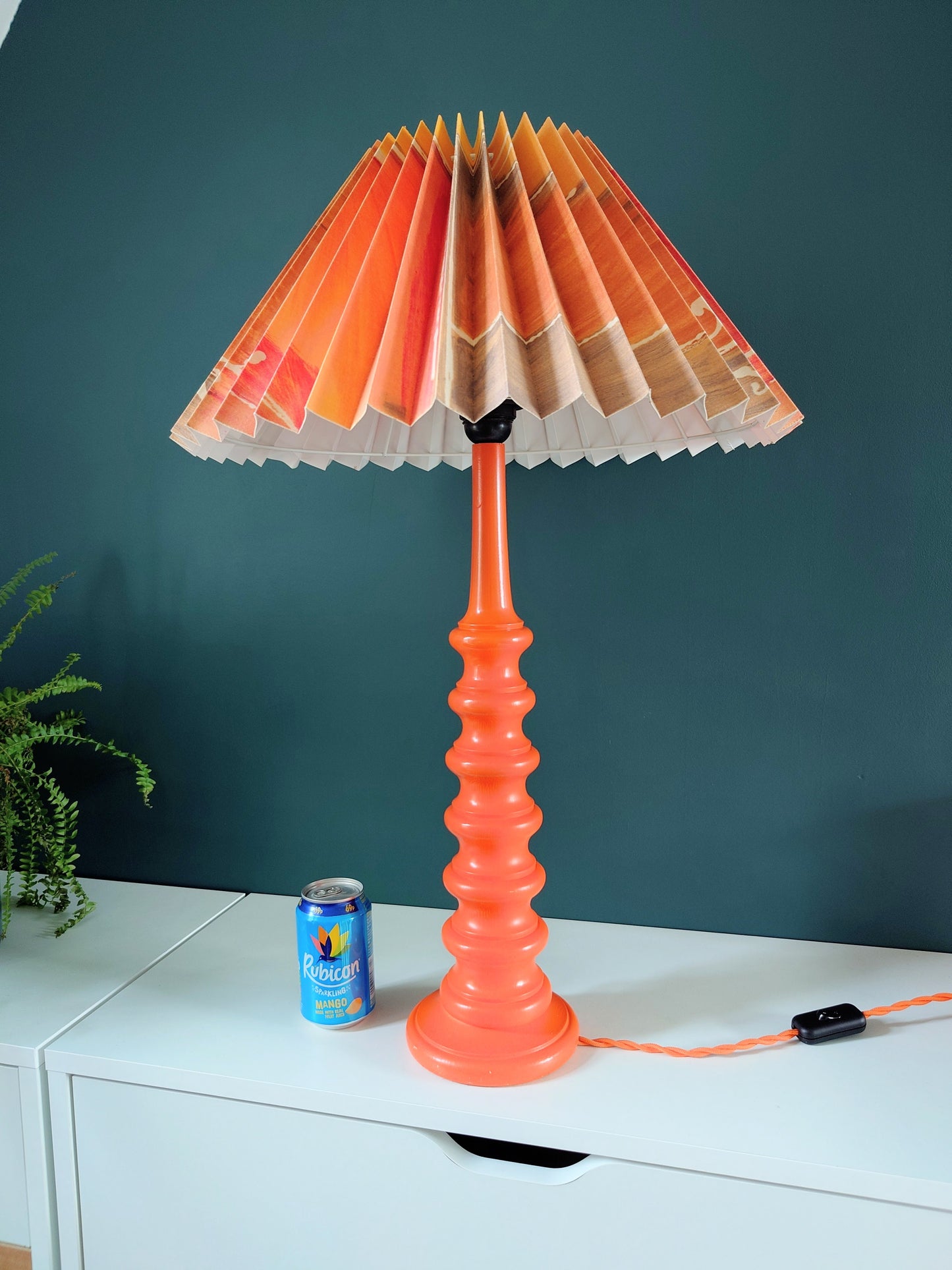 Mid Century Orange Hooped Wood Table Lamp with Original Vintage Danish Lampshade 1970s