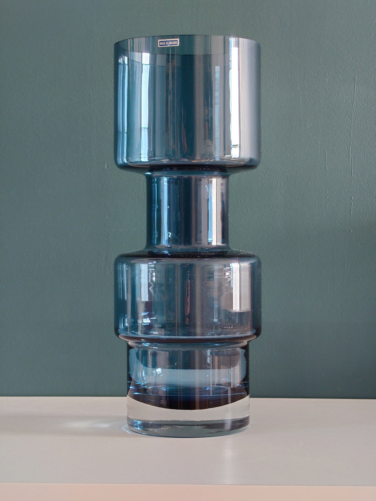 Riihimaki Blue Hooped Glass Vase Camshaft Cog 1960s 1970s Industrial Scandi Style Finnish Retro