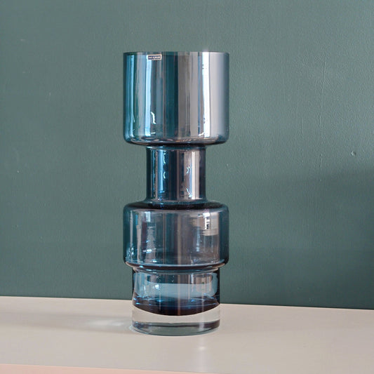 Riihimaki Blue Hooped Glass Vase Camshaft Cog 1960s 1970s Industrial Scandi Style Finnish Retro