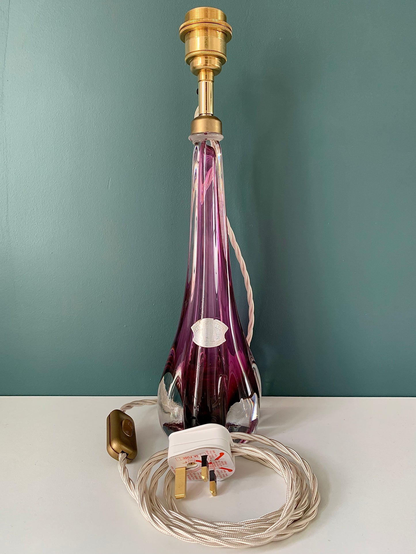 Large Val St Lambert Purple Crystal Glass Table Lamp 1960s 1970s