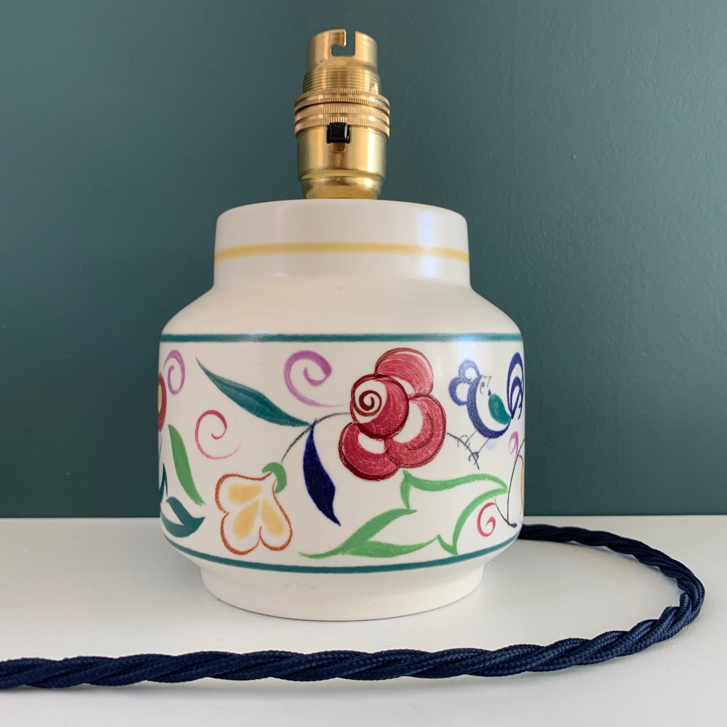 Vintage English Poole Pottery Floral Ceramic Table Lamp 1950s British