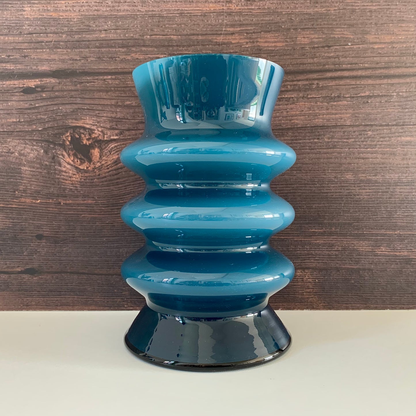Aseda Swedish Blue Hooped Glass Vase Petrol Turquoise 1960s 1970s Retro