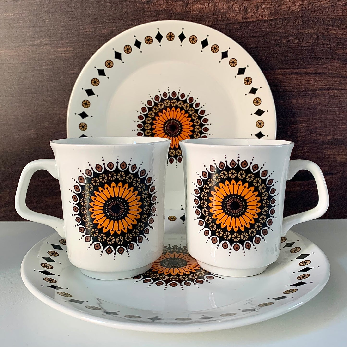 J&G Meakin Inca Orange Ceramic Espresso Cups & Side Plates British English 1960s 1970s Gifts Presents