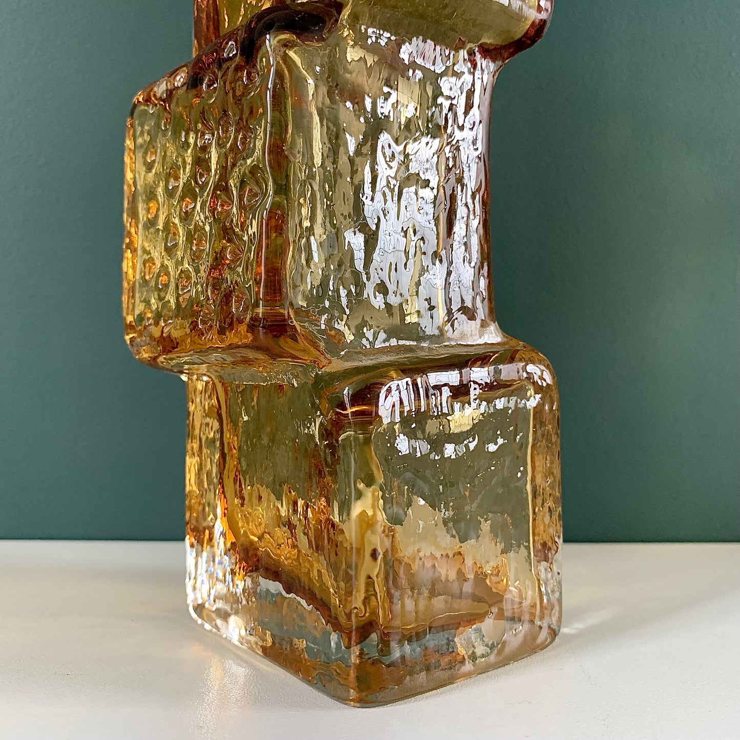 Whitefriars Style Drunken Bricklayer Amber Glass Vase British English 1960s 1970s Vintage Retro