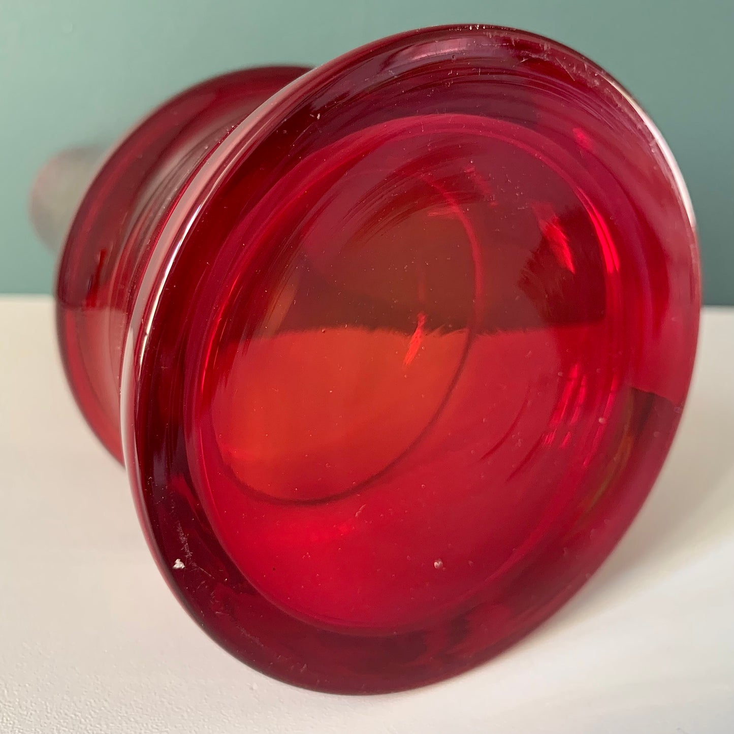 Riihimaki Mid Century Red Glass Chimney Vase Scandinavian Finnish Design