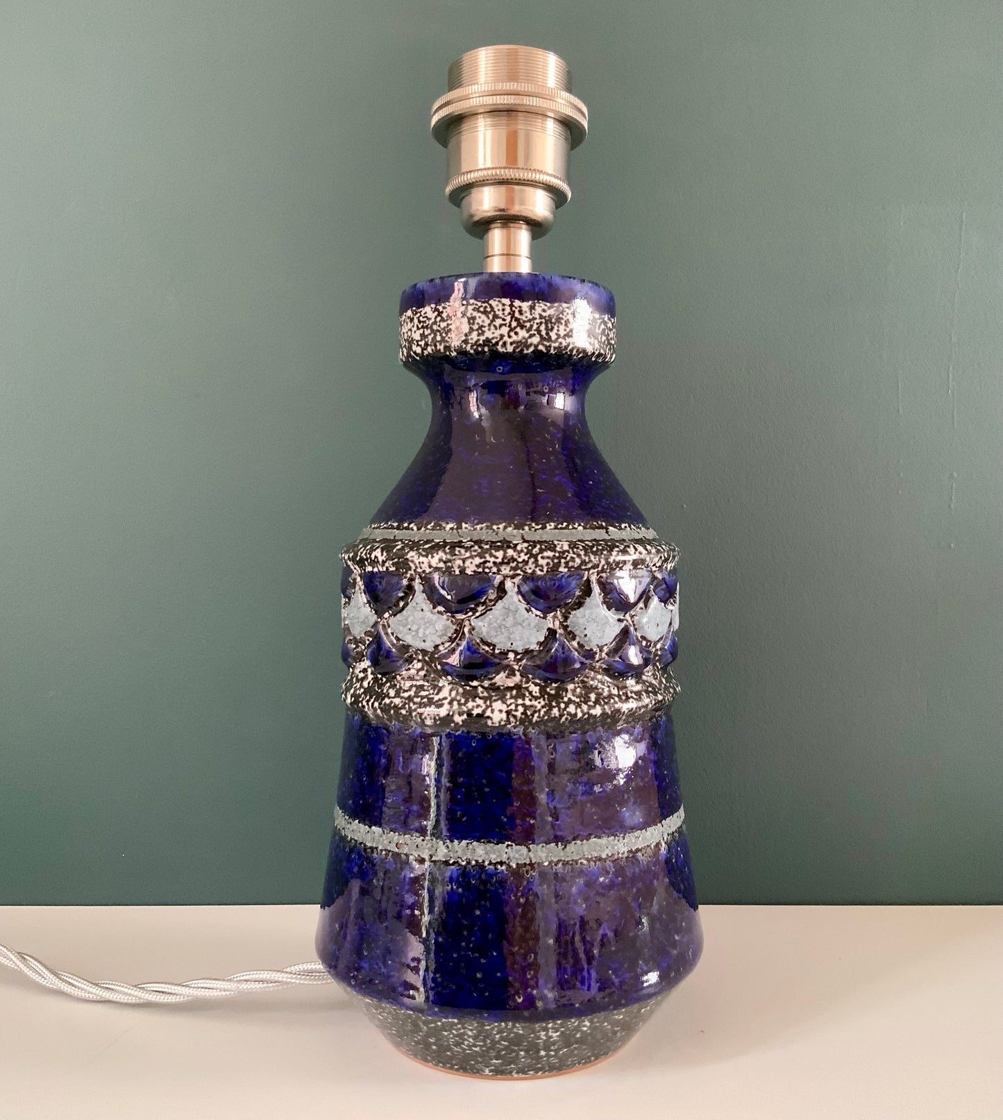 Mid Century Italian Cobalt Blue Silver Pottery Table Lamp Bitossi Ceramic 1960s 1970s