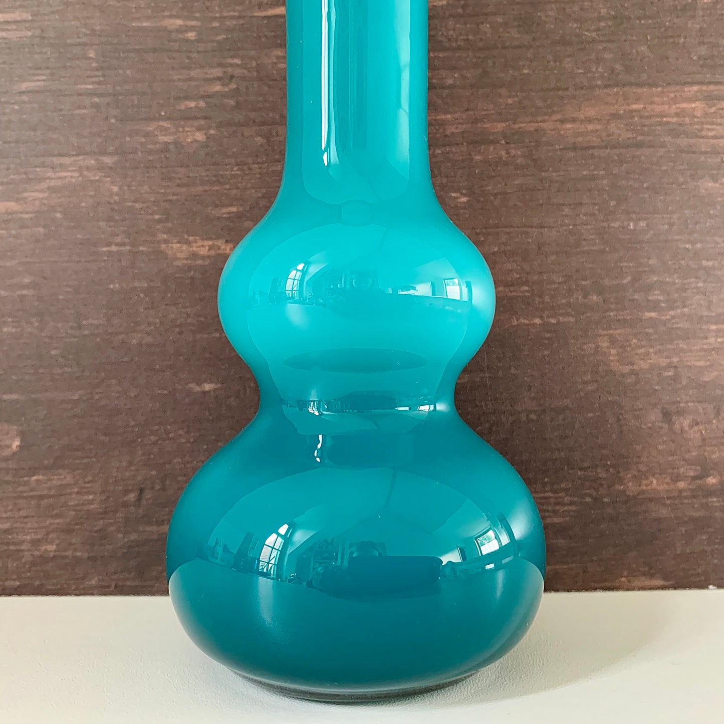 Mid Century Empoli Italian Teal Blue Glass Vase Hooped Cased