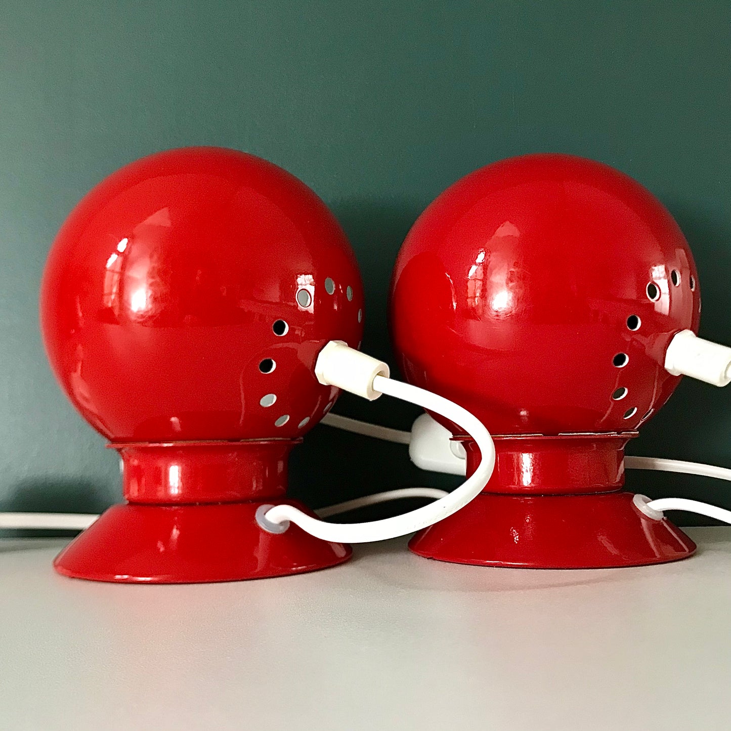 PAIR Danish Frandsen Ball Table Lamps 2X Red Enamel 1970s Vintage Retro Light Atomic Era