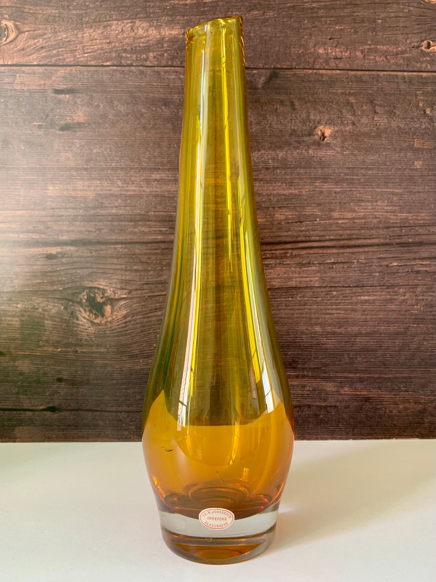 Vintage Swedish Johansen Orrefors Amber Yellow Glass Vase 1970s