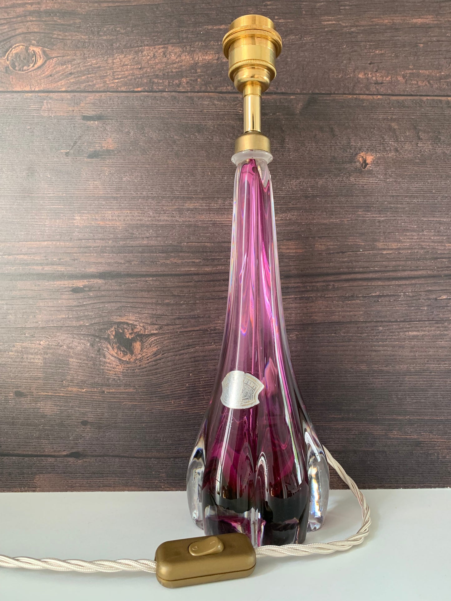 Large Val St Lambert Purple Crystal Glass Table Lamp 1960s 1970s