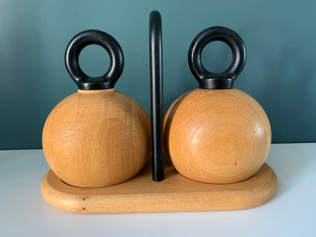 Bodum Nissen Danish Ball Boy Salt Pepper Mills & Stand Set Wood Quistgaard Era