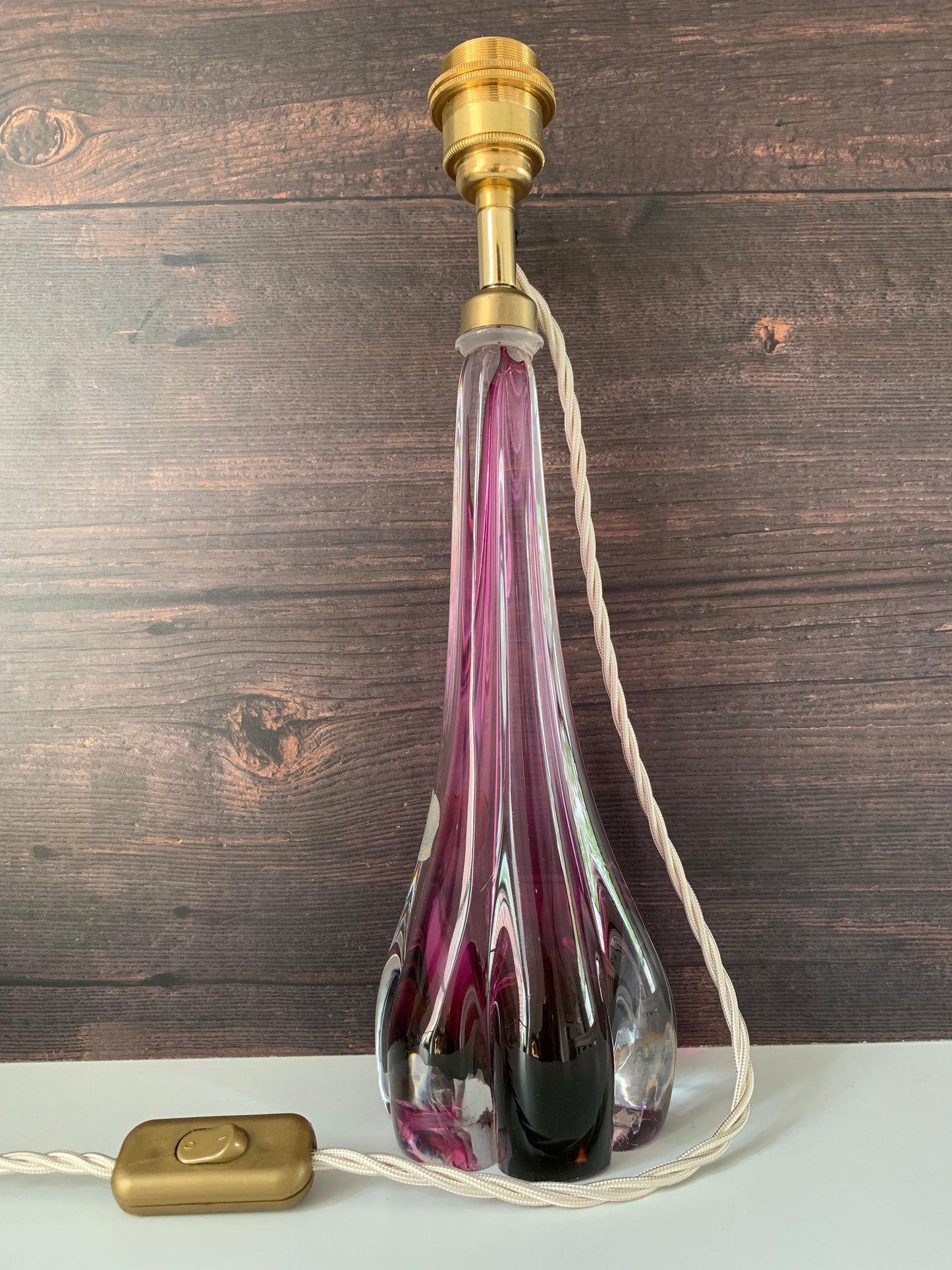 Large Val St Lambert Purple Crystal Glass Table Lamp 1960s 1970s