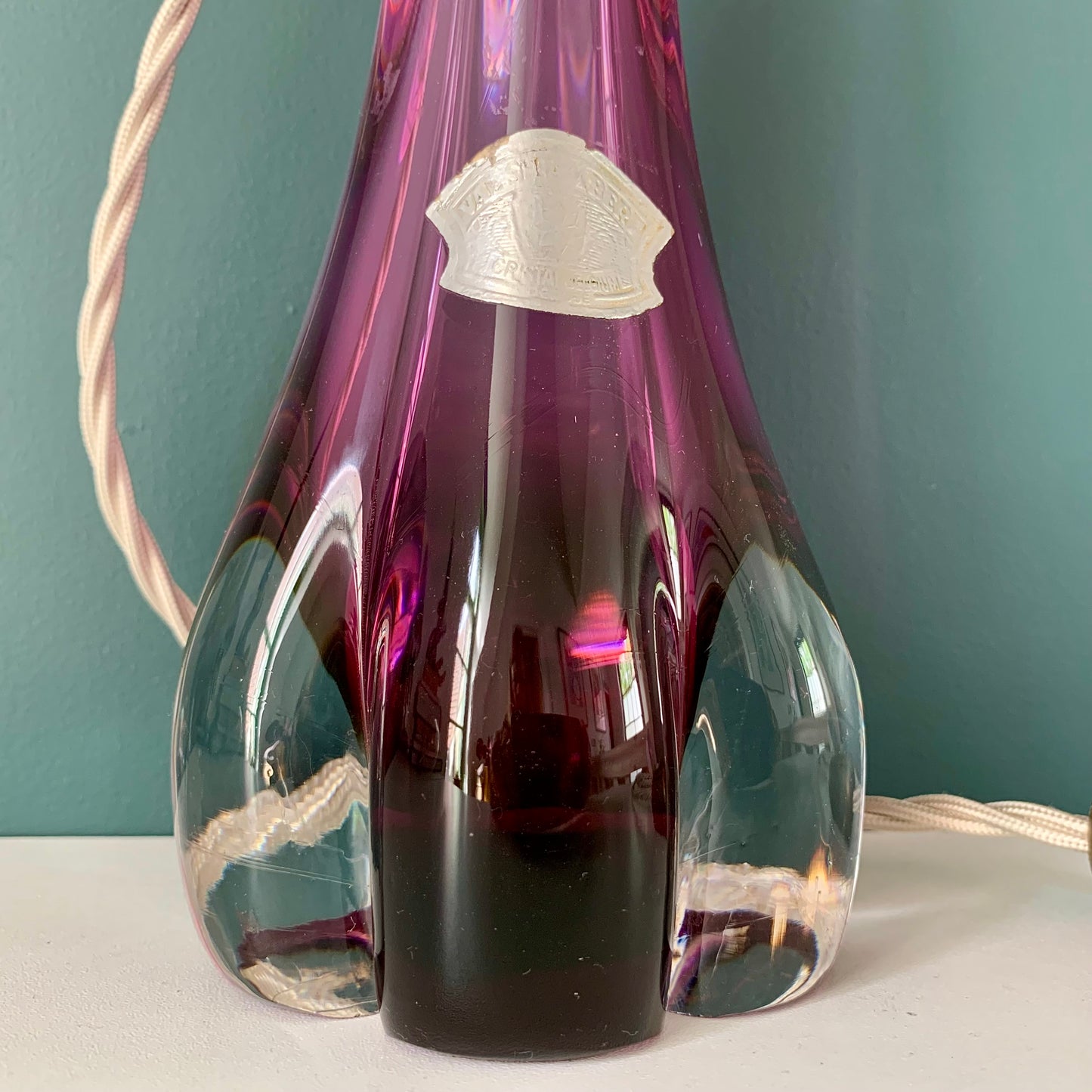Large Val St Lambert Purple Crystal Glass Table Lamp 1960s 1970s