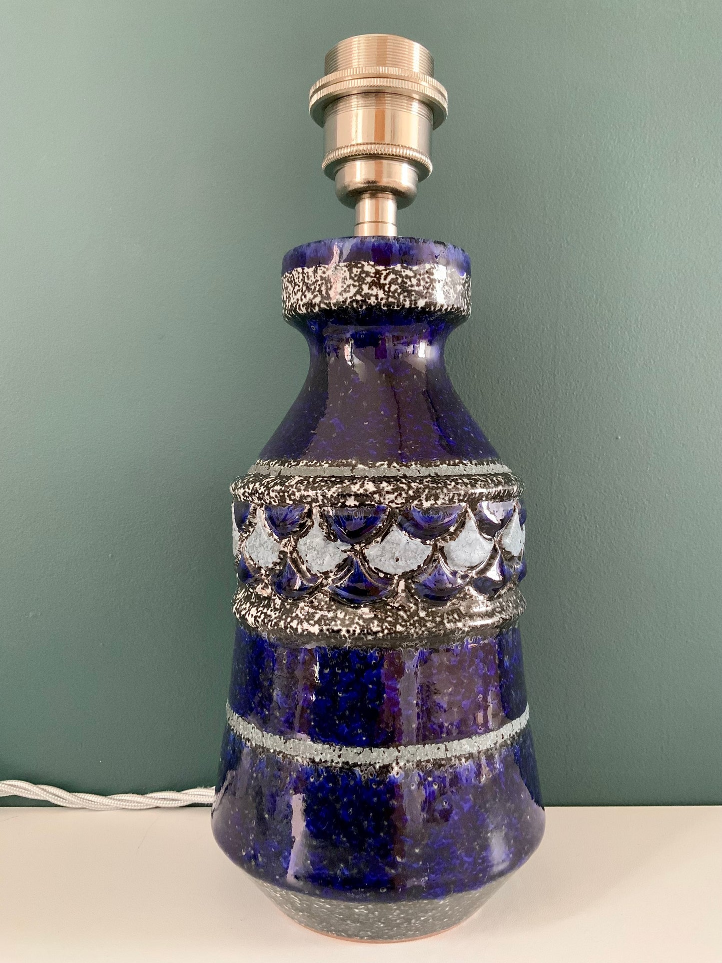 Mid Century Italian Cobalt Blue Silver Pottery Table Lamp Bitossi Ceramic 1960s 1970s