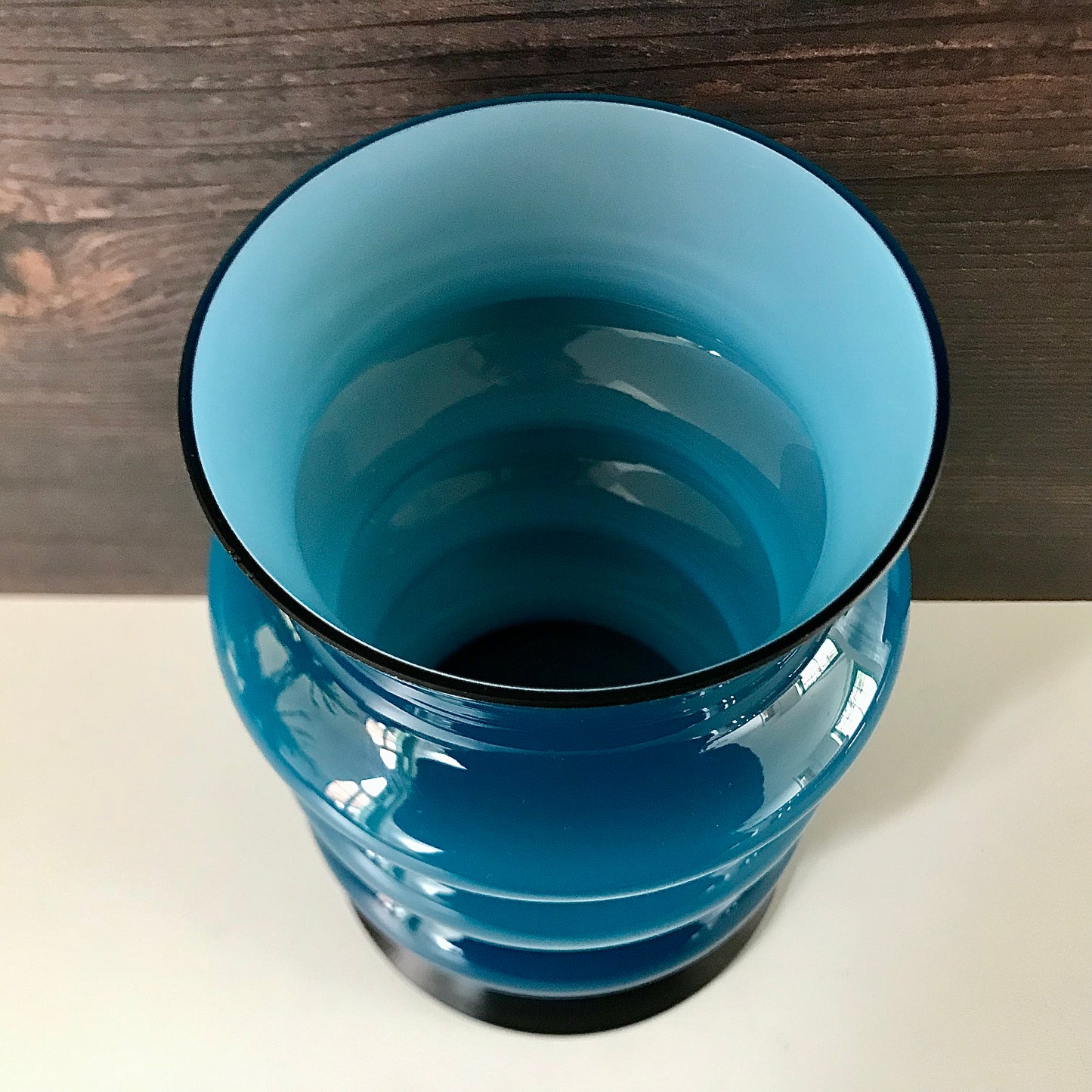 Aseda Swedish Blue Hooped Glass Vase Petrol Turquoise 1960s 1970s Retro