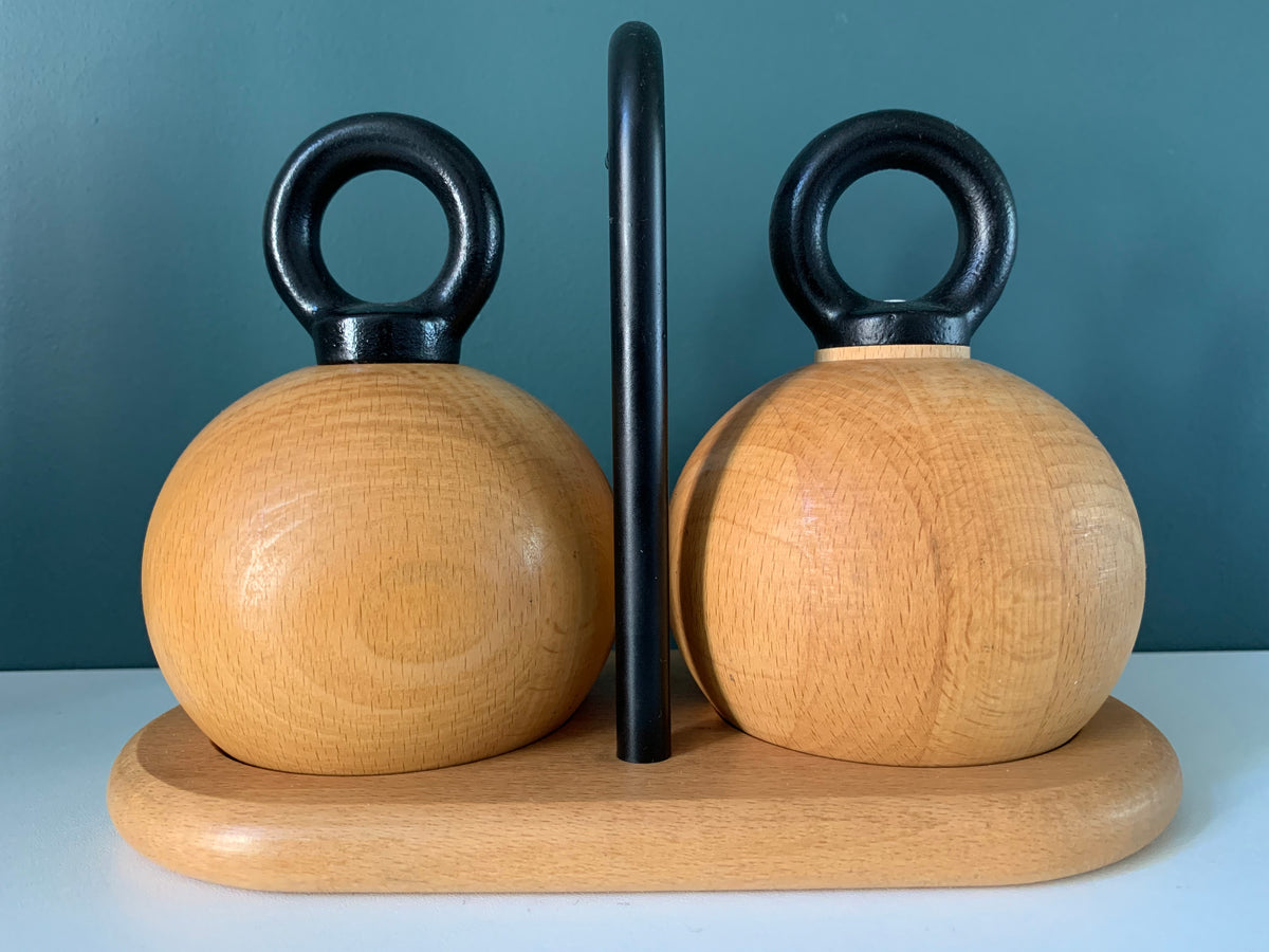 Bodum Nissen Danish Ball Boy Salt Pepper Mills & Stand Set Wood Quistgaard Era
